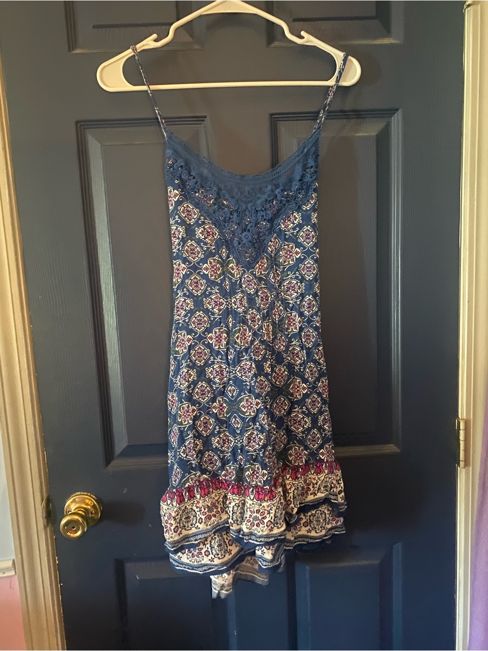 American Rag Navy Floral Spaghetti-Strap Mini Dress with Burgundy Trim